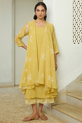 Rue-Colored Muslin Cotton Thread Embroidered Midi Dress by Vaayu