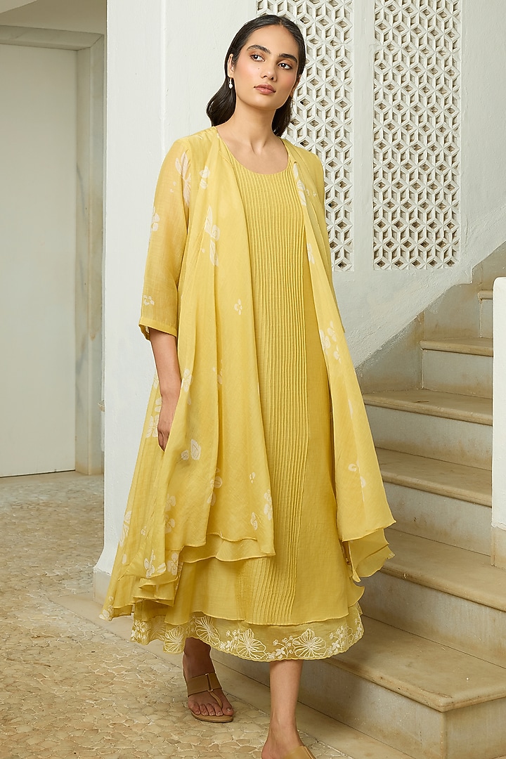 Rue-Colored Muslin Cotton Thread Embroidered Midi Summer Dress by Vaayu at Pernia's Pop Up Shop