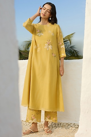 Rue-Colored Muslin Cotton Floral Embroidered Tunic Set by Vaayu