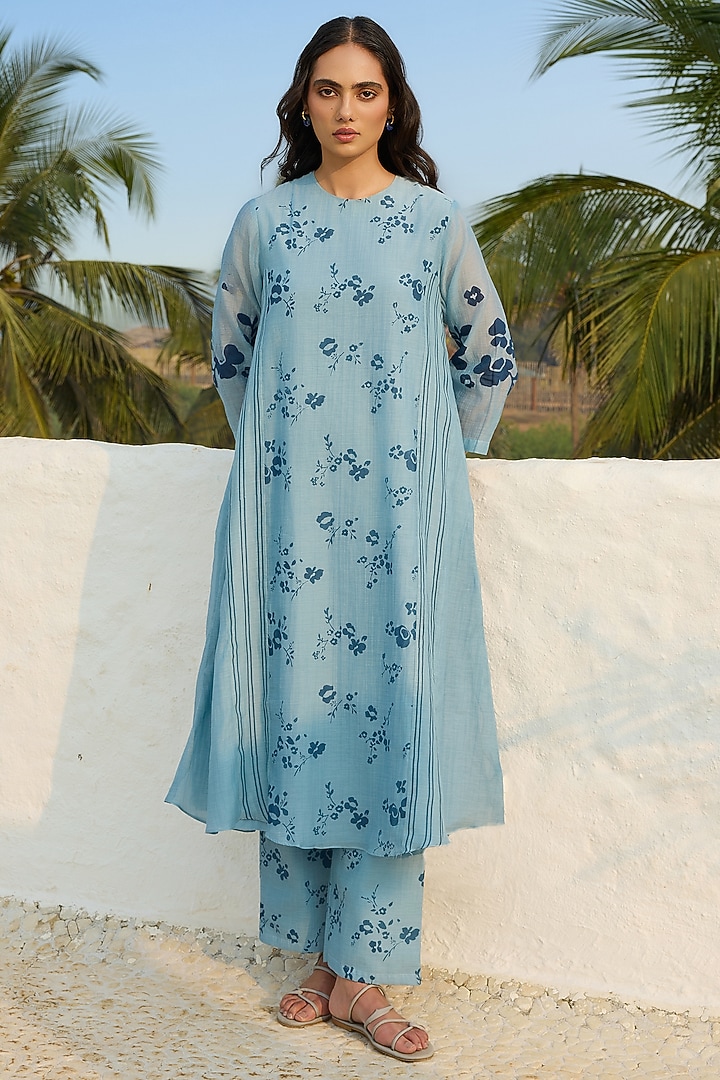 Sky Blue Muslin Cotton Printed Kurta Set by Vaayu at Pernia's Pop Up Shop