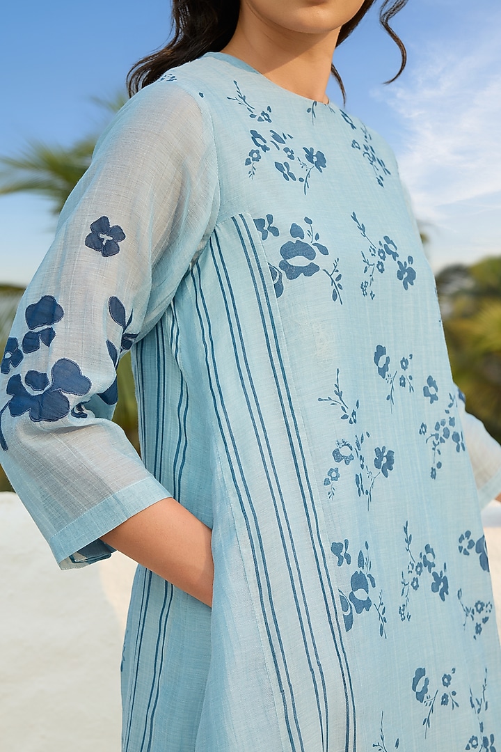 Sky Blue Muslin Cotton Printed Kurta Set by Vaayu at Pernia's Pop Up Shop