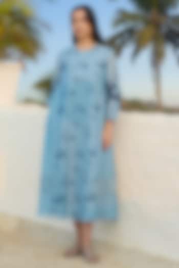 Sky Blue Muslin Cotton Printed Summer Dress by Vaayu at Pernia's Pop Up Shop