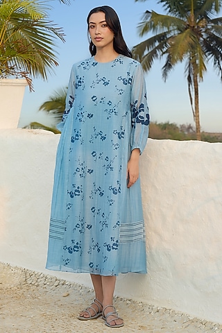 Sky Blue Muslin Cotton Printed Dress by Vaayu