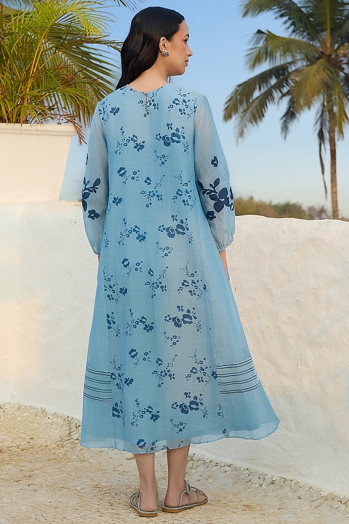 Sky Blue Muslin Cotton Printed Summer Dress by Vaayu at Pernia's Pop Up Shop