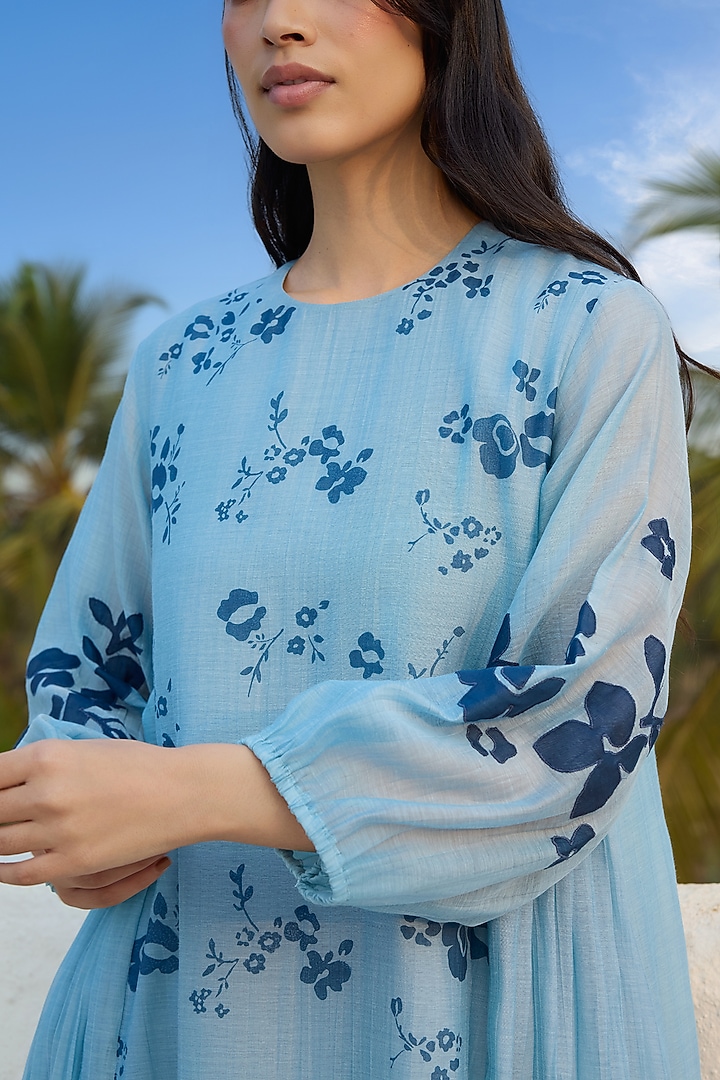 Sky Blue Muslin Cotton Printed Summer Dress by Vaayu at Pernia's Pop Up Shop
