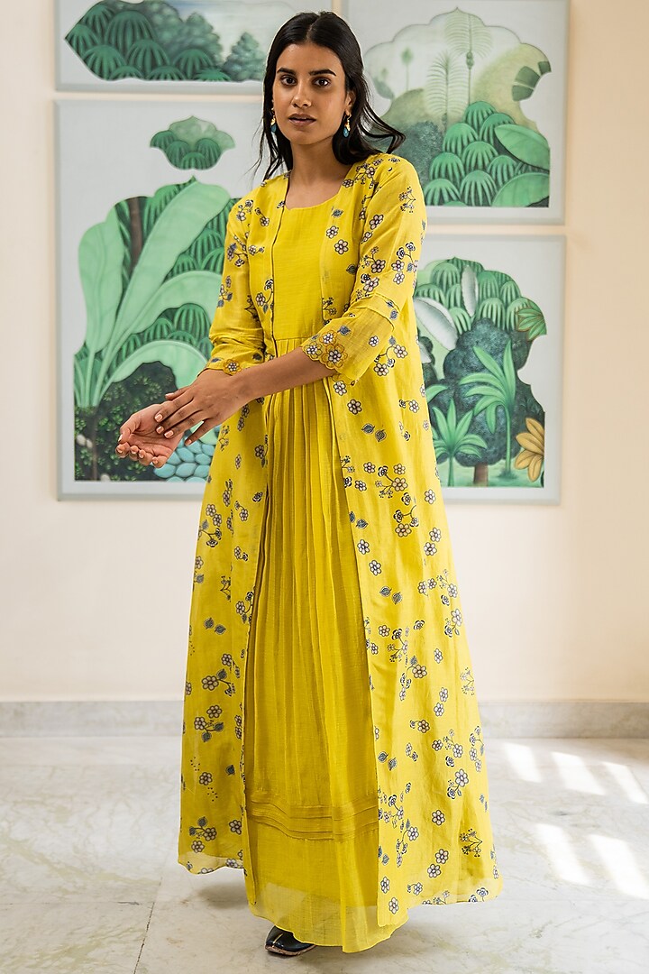 Canary Yellow Printed Jacket Anarkali Set by Vaayu at Pernia's Pop Up Shop