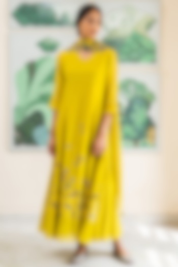 Canary Yellow Floral Printed Anarkali Set by Vaayu