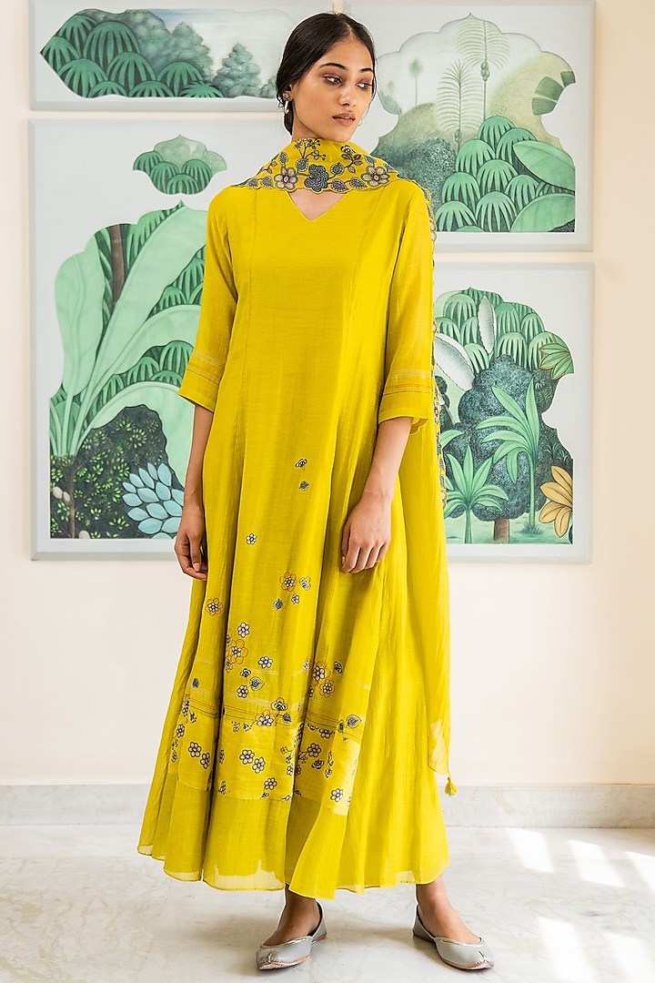 Canary Yellow Floral Printed Anarkali Set by Vaayu