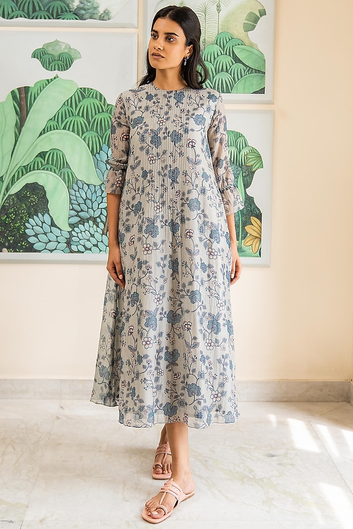 Beige Muslin Printed Dress by Vaayu