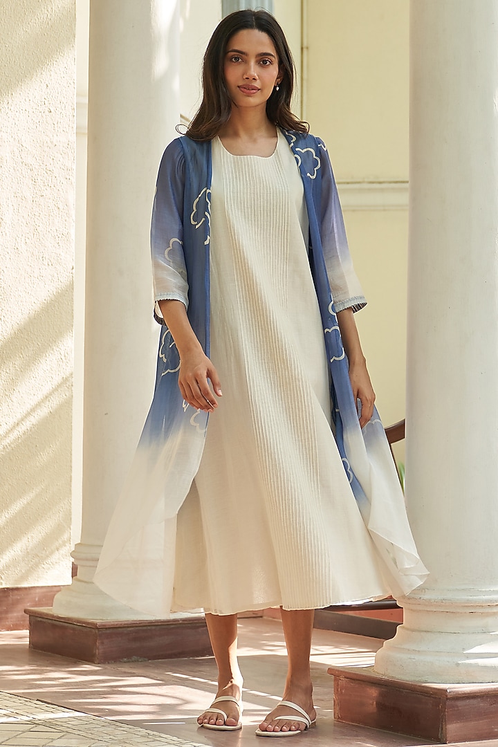 Ocean Blue Muslin Cotton Dual-Tone Printed Jacket Summer Dress by Vaayu at Pernia's Pop Up Shop