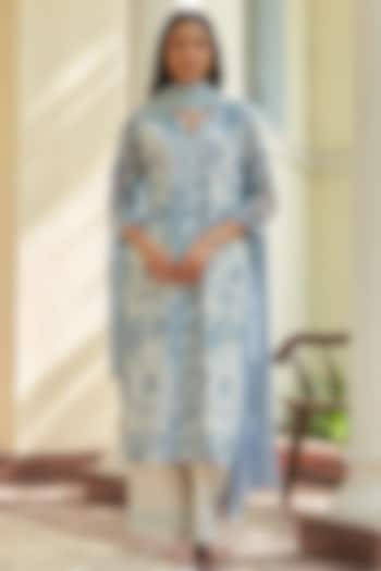 Powder Blue Muslin Cotton Printed Kurta Set by Vaayu at Pernia's Pop Up Shop