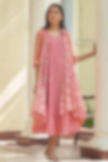 Peony Pink Muslin Cotton Dual-Tone Printed Jacket Summer Dress by Vaayu at Pernia's Pop Up Shop