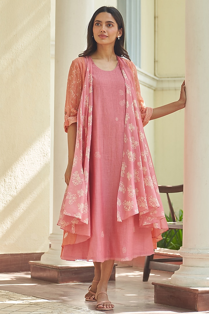 Peony Pink Muslin Cotton Dual-Tone Printed Jacket Summer Dress by Vaayu at Pernia's Pop Up Shop