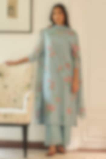Sky Blue Muslin Cotton Floral Applique Work Kurta Set by Vaayu at Pernia's Pop Up Shop