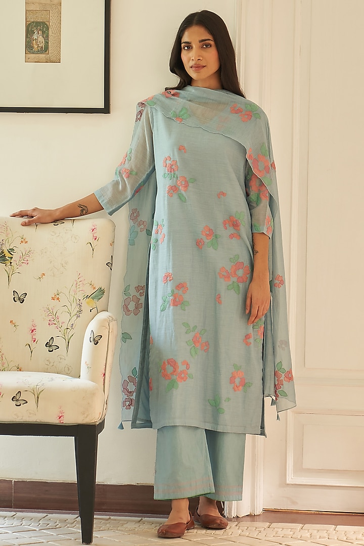 Sky Blue Muslin Cotton Floral Applique Work Kurta Set by Vaayu at Pernia's Pop Up Shop