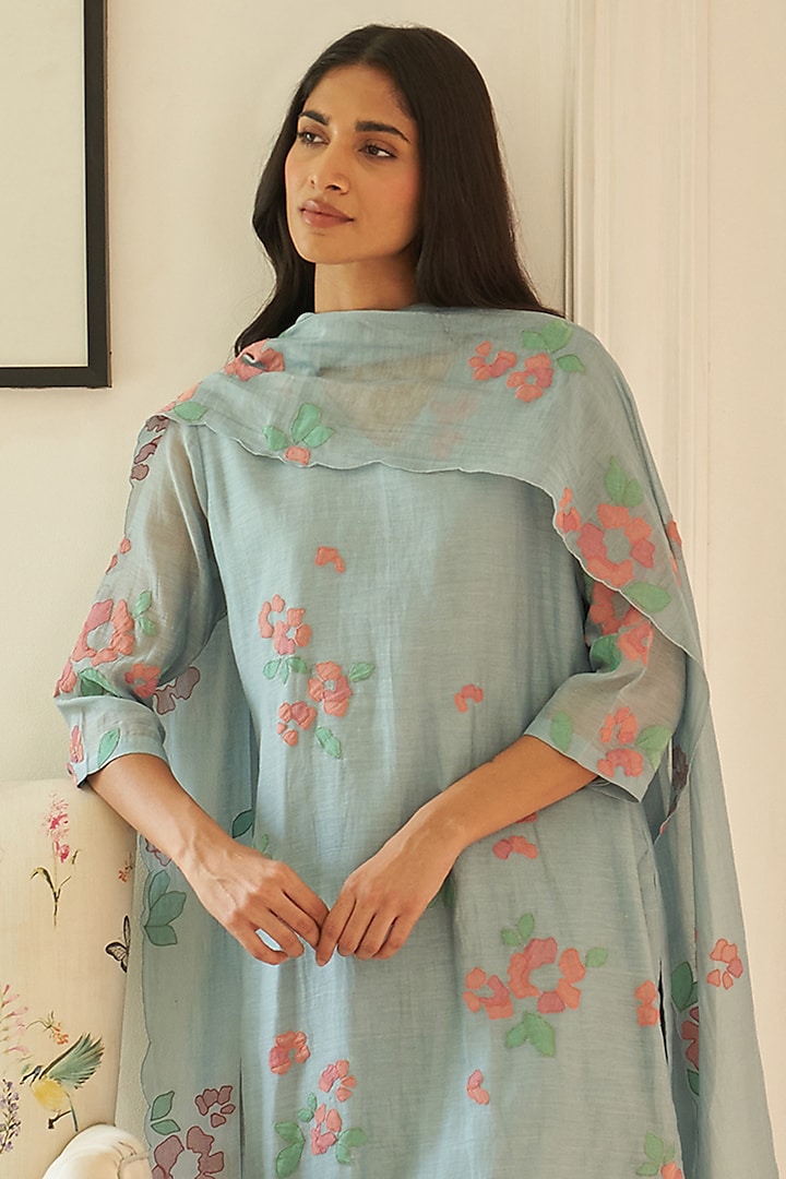 Sky Blue Muslin Cotton Floral Applique Work Kurta Set by Vaayu at Pernia's Pop Up Shop