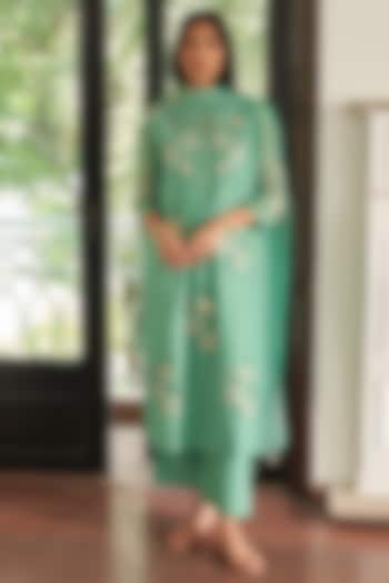 Mint Green Muslin Cotton Floral Applique Work Kurta Set by Vaayu at Pernia's Pop Up Shop