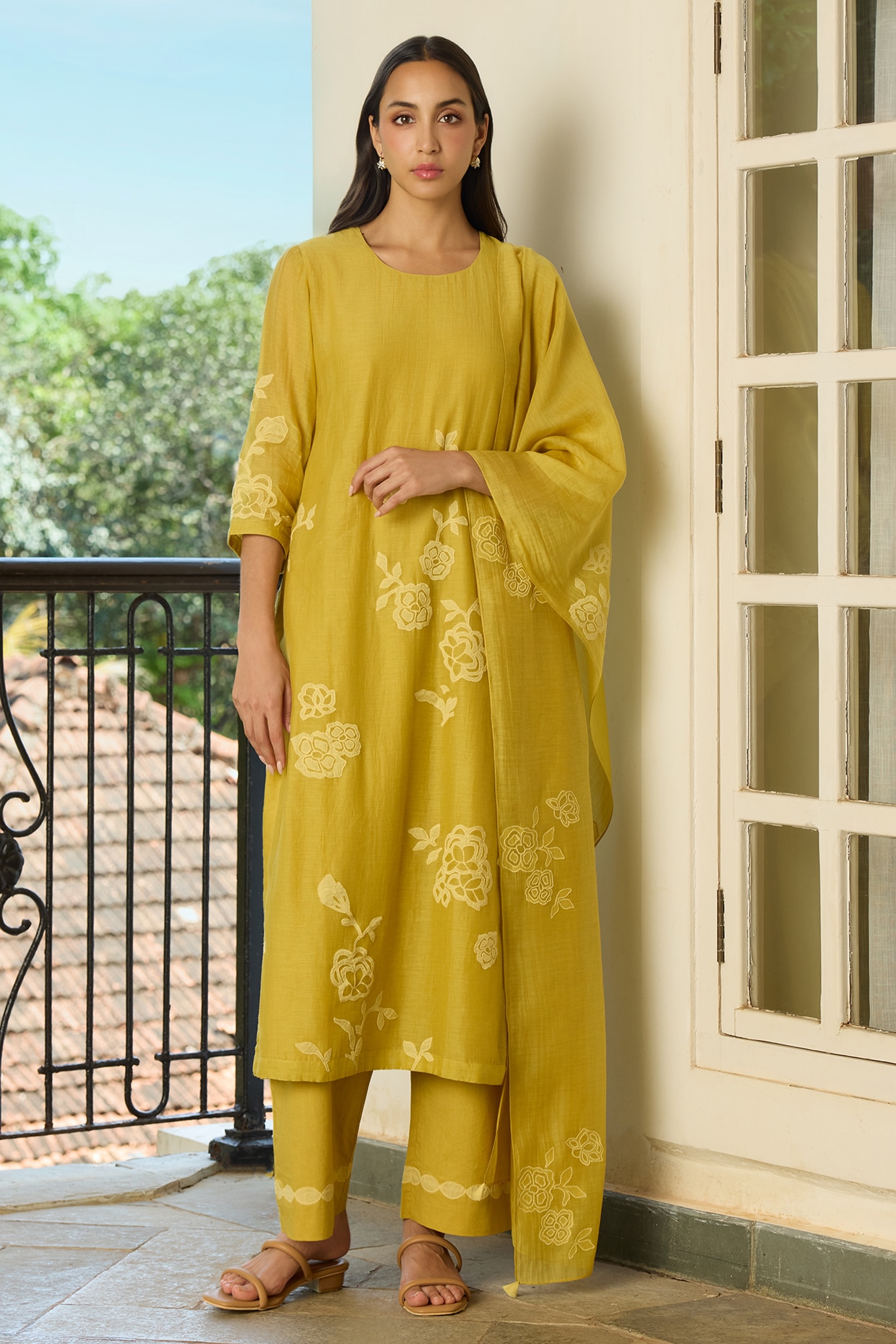 Vaayu Marigold Yellow Muslin Cotton Applique Embroidered Kurta Set