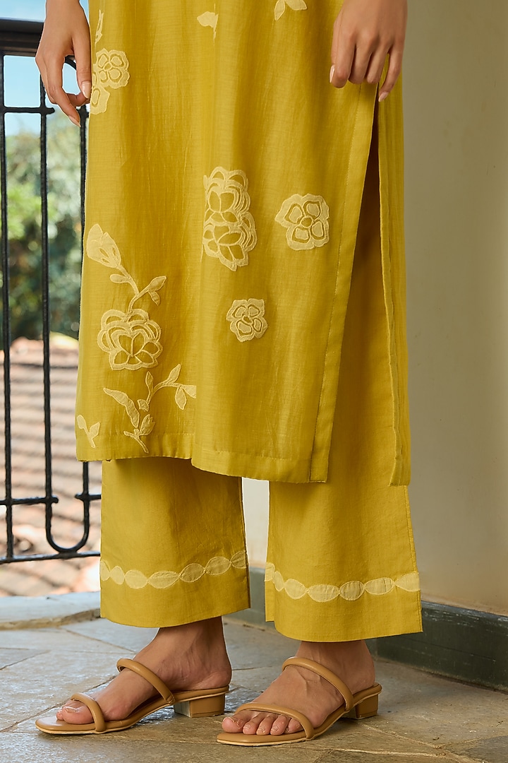 Marigold Yellow Muslin Cotton Applique Embroidered Kurta Set by Vaayu at Pernia's Pop Up Shop