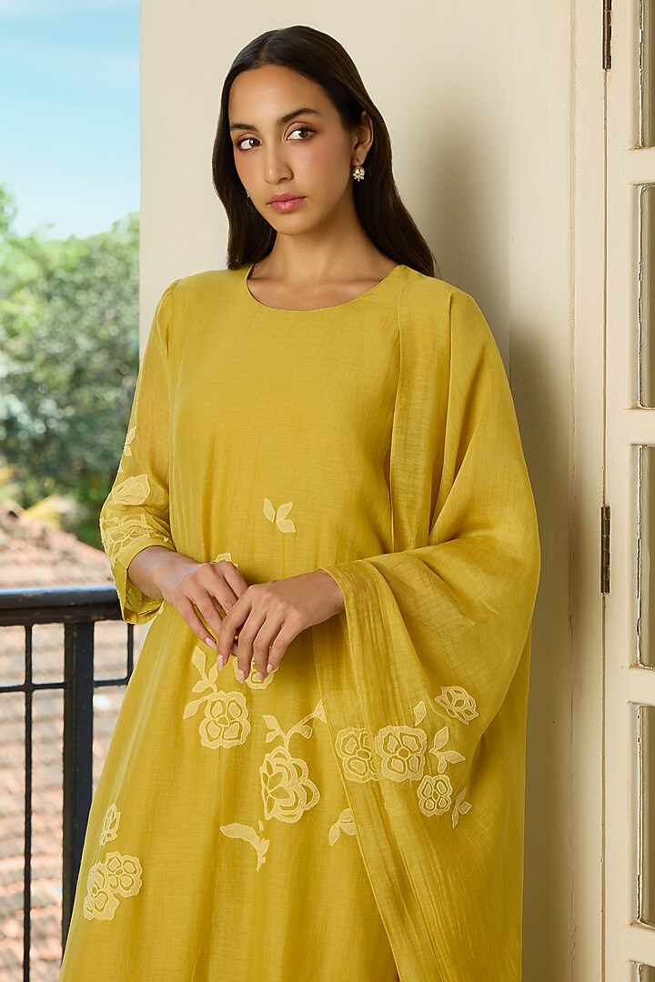 Marigold Yellow Muslin Cotton Applique Embroidered Kurta Set by Vaayu at Pernia's Pop Up Shop