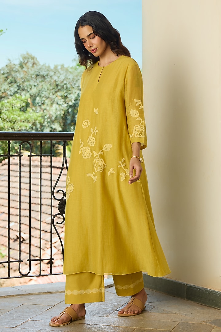 Marigold Yellow Muslin Cotton Applique Embroidered Kurta Set by Vaayu at Pernia's Pop Up Shop