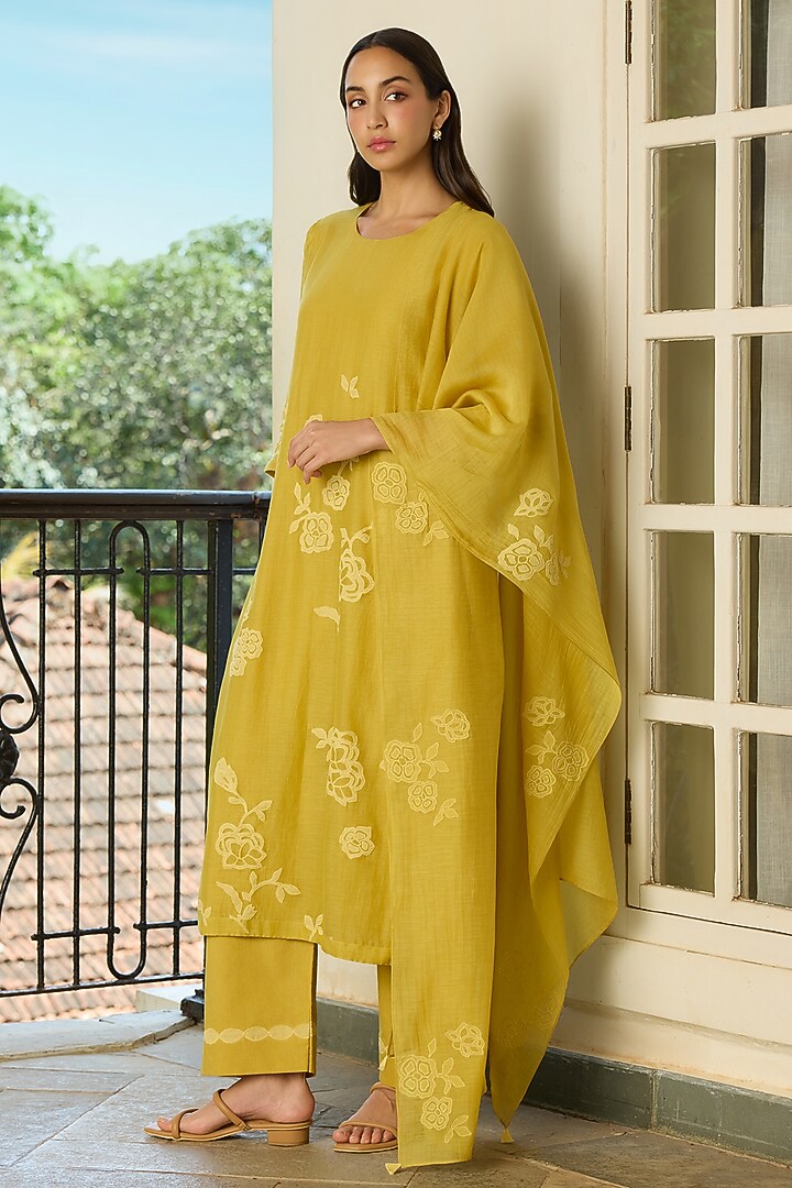 Marigold Yellow Muslin Cotton Applique Embroidered Kurta Set by Vaayu at Pernia's Pop Up Shop