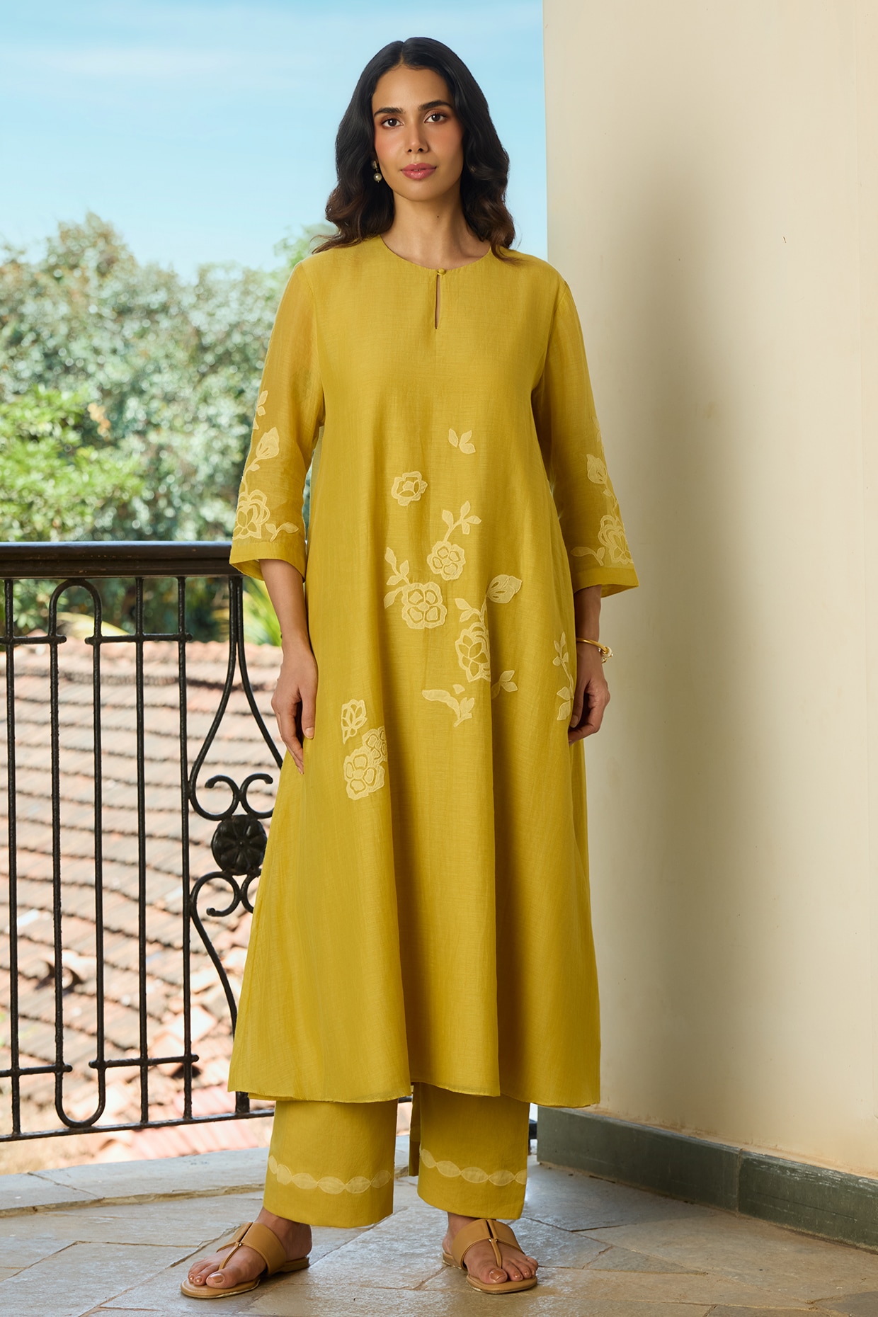 Vaayu Marigold Yellow Muslin Cotton Applique Embroidered Co-Ord Set