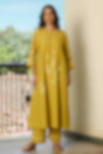 Marigold Yellow Muslin Cotton Applique Embroidered Co-Ord Set by Vaayu at Pernia's Pop Up Shop