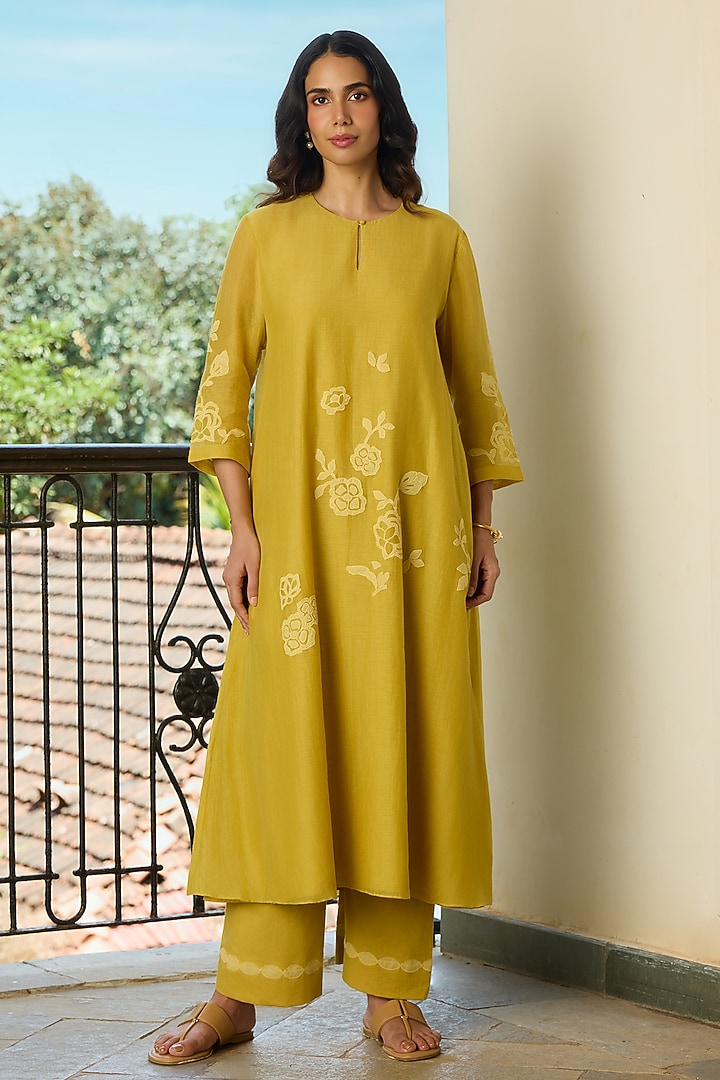 Marigold Yellow Muslin Cotton Applique Embroidered Co-Ord Set by Vaayu at Pernia's Pop Up Shop