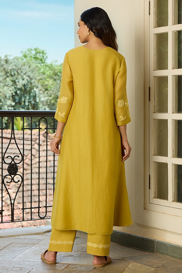 Marigold Yellow Muslin Cotton Applique Embroidered Co-Ord Set by Vaayu at Pernia's Pop Up Shop