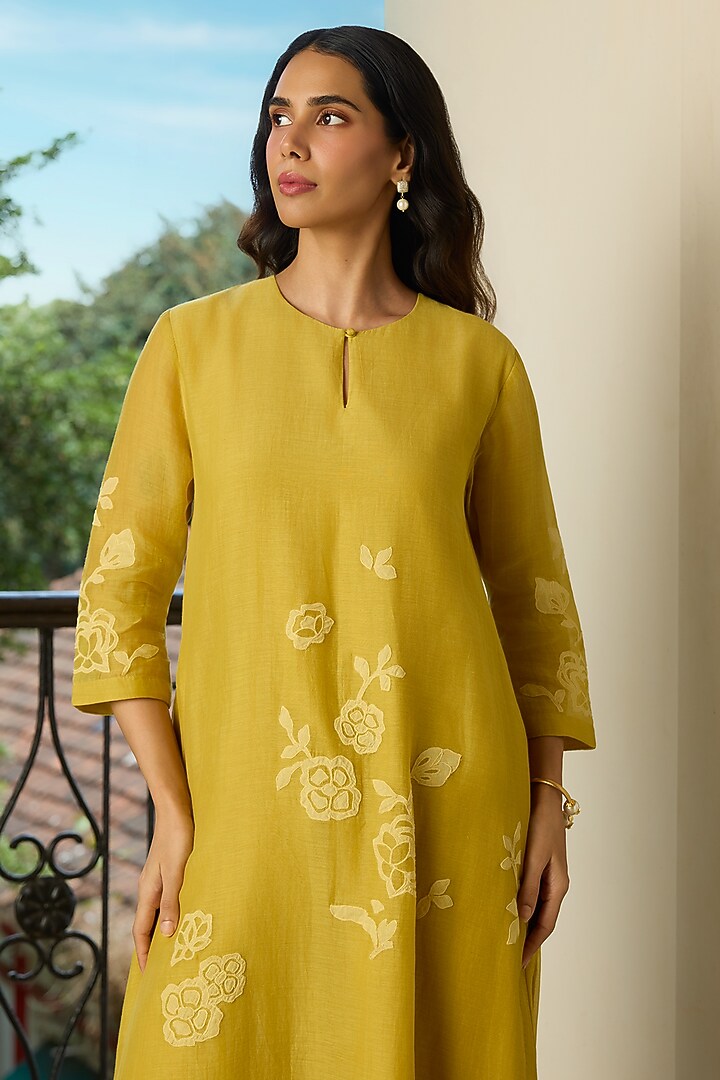 Marigold Yellow Muslin Cotton Applique Embroidered Co-Ord Set by Vaayu at Pernia's Pop Up Shop