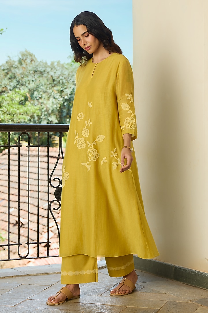 Marigold Yellow Muslin Cotton Applique Embroidered Co-Ord Set by Vaayu at Pernia's Pop Up Shop