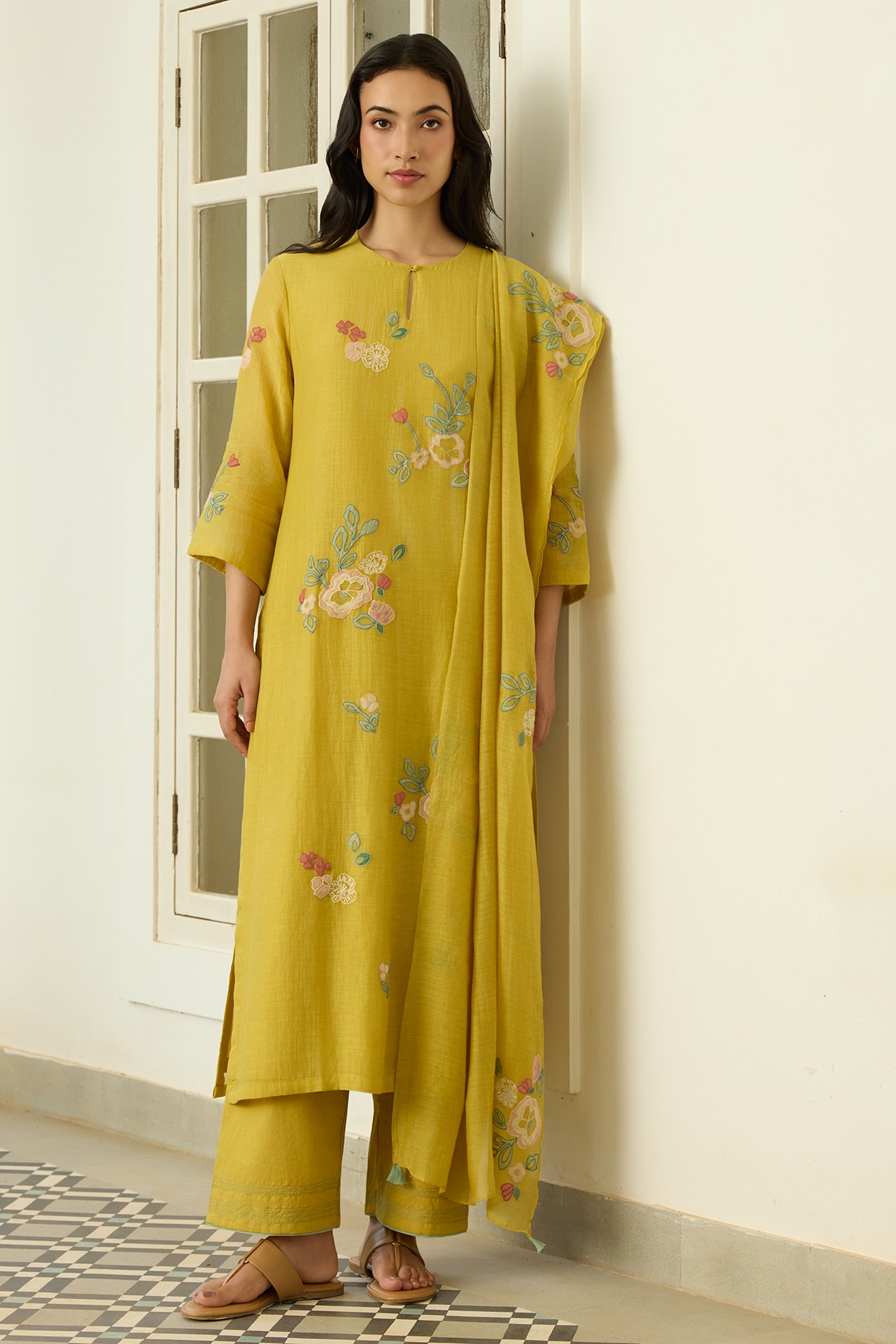 Vaayu Marigold Yellow Muslin Cotton Floral Applique Embroidered Kurta Set