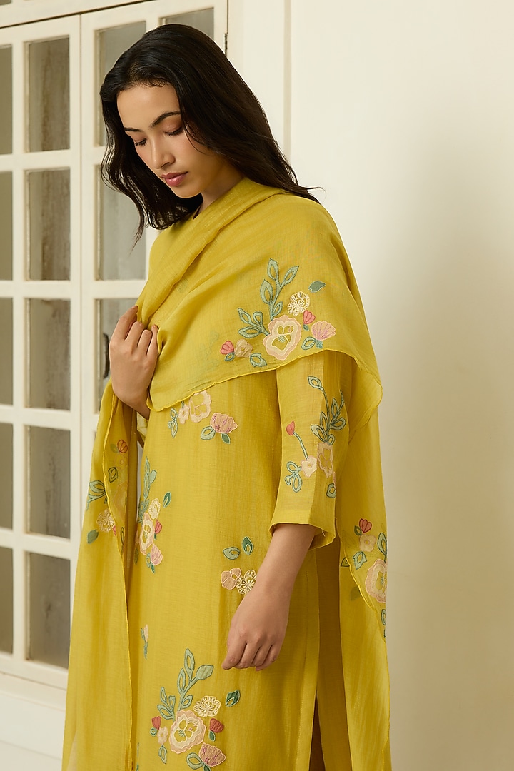 Marigold Yellow Muslin Cotton Floral Applique Embroidered Kurta Set by Vaayu at Pernia's Pop Up Shop