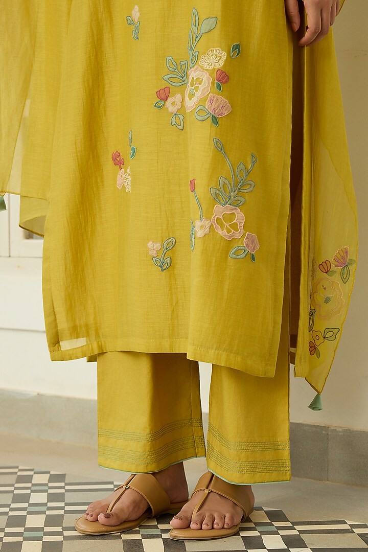 Marigold Yellow Muslin Cotton Floral Applique Embroidered Kurta Set by Vaayu at Pernia's Pop Up Shop