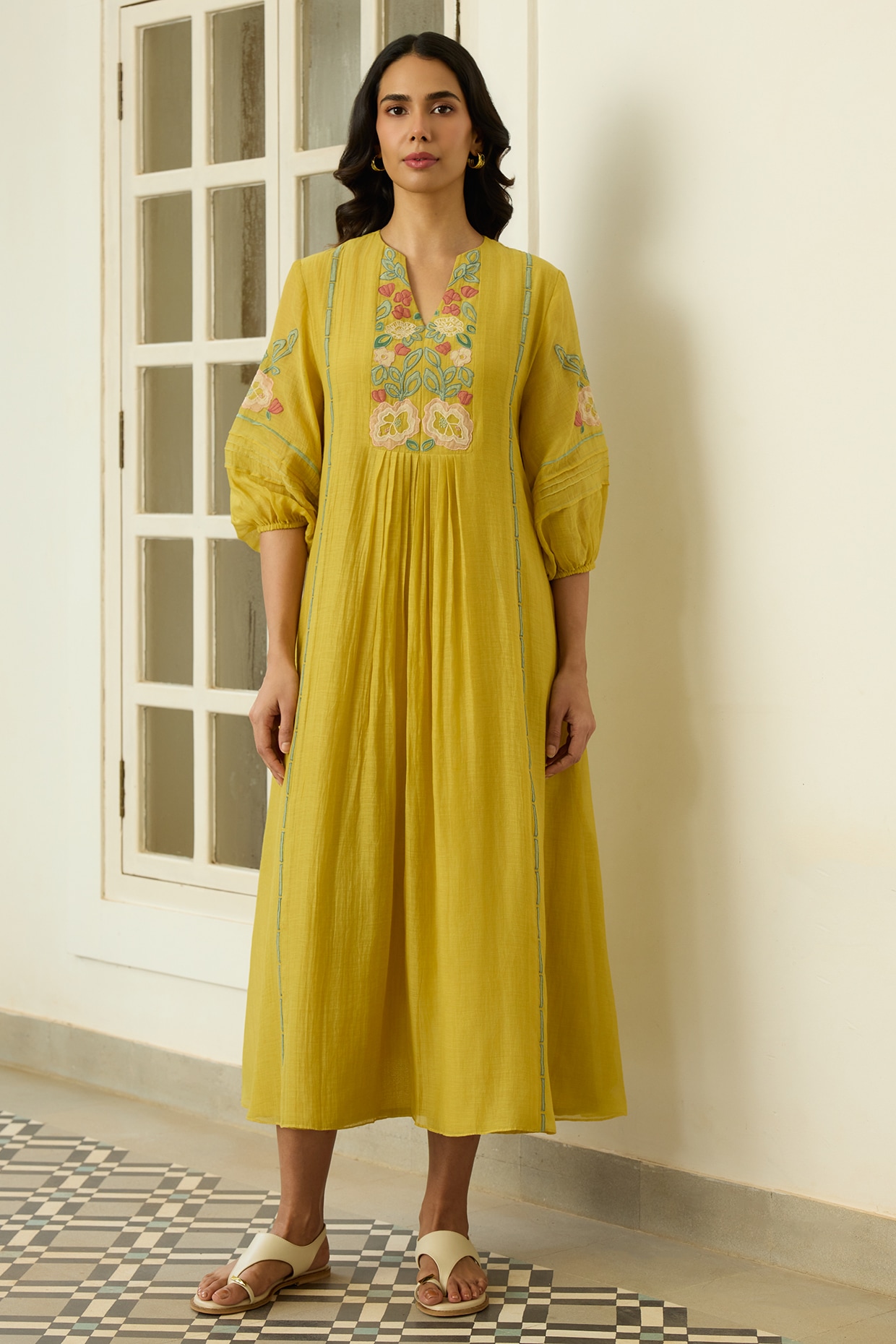 Vaayu Marigold Yellow Muslin Cotton Floral Applique Embroidered Dress