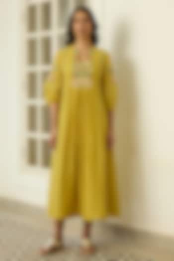 Marigold Yellow Muslin Cotton Floral Applique Embroidered Summer Dress by Vaayu at Pernia's Pop Up Shop