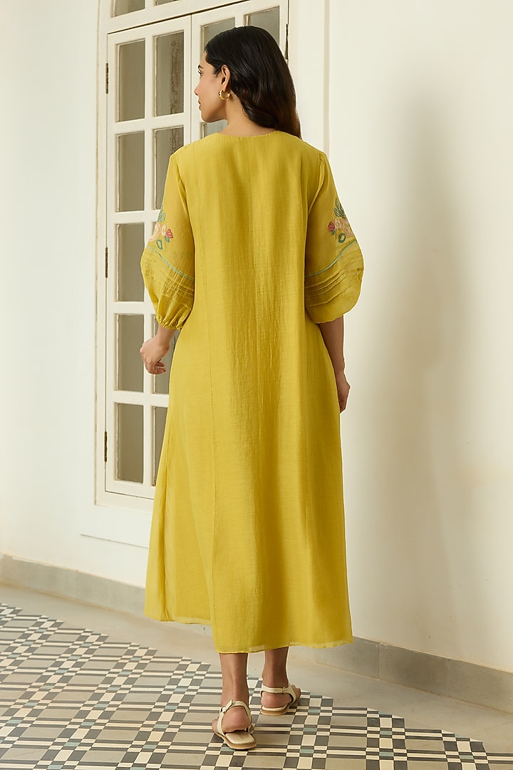Marigold Yellow Muslin Cotton Floral Applique Embroidered Summer Dress by Vaayu at Pernia's Pop Up Shop