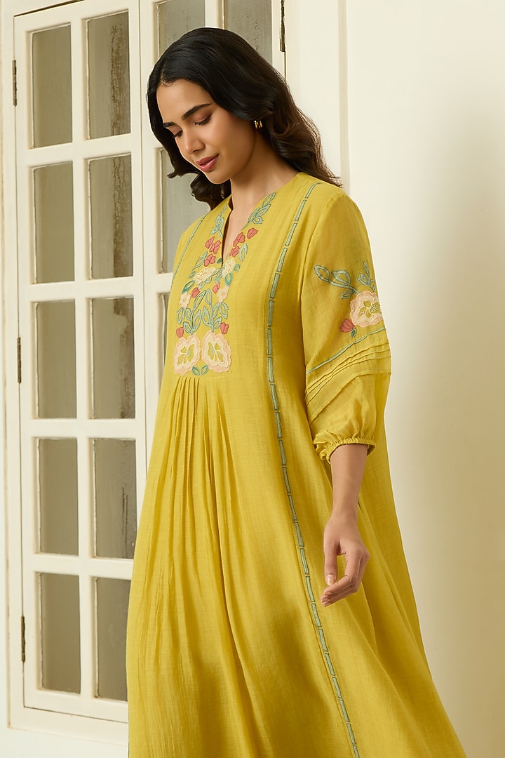 Marigold Yellow Muslin Cotton Floral Applique Embroidered Summer Dress by Vaayu at Pernia's Pop Up Shop