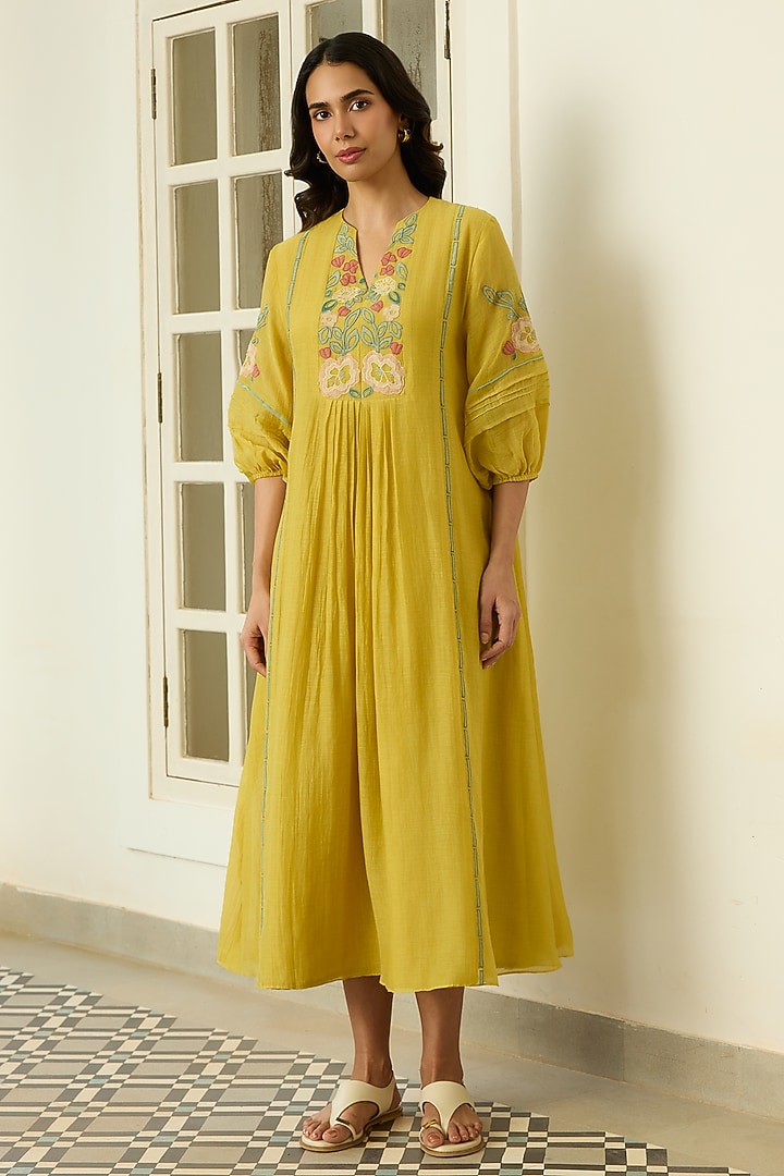 Marigold Yellow Muslin Cotton Floral Applique Embroidered Summer Dress by Vaayu at Pernia's Pop Up Shop