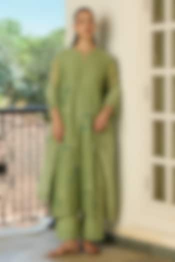 Sage Green Muslin Cotton Applique Embroidered Kurta Set by Vaayu at Pernia's Pop Up Shop