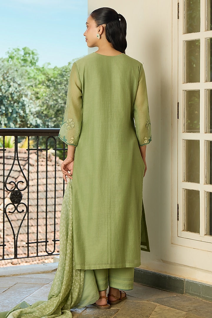 Sage Green Muslin Cotton Applique Embroidered Kurta Set by Vaayu at Pernia's Pop Up Shop