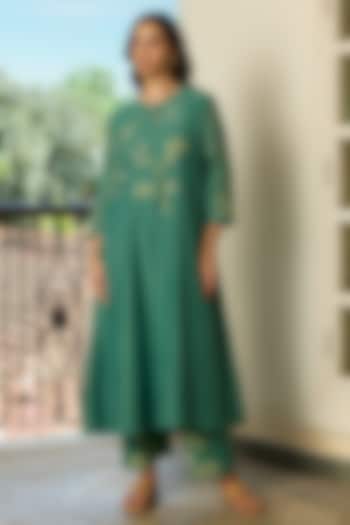 Jade Green Muslin Cotton Applique Embroidered Co-Ord Set by Vaayu at Pernia's Pop Up Shop