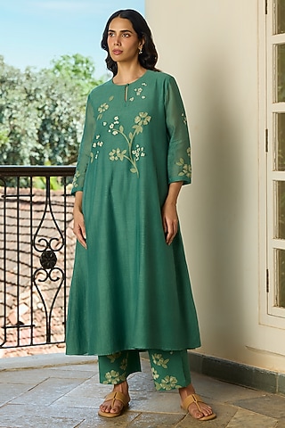 Jade Green Muslin Cotton Applique Embroidered Co-Ord Set by Vaayu