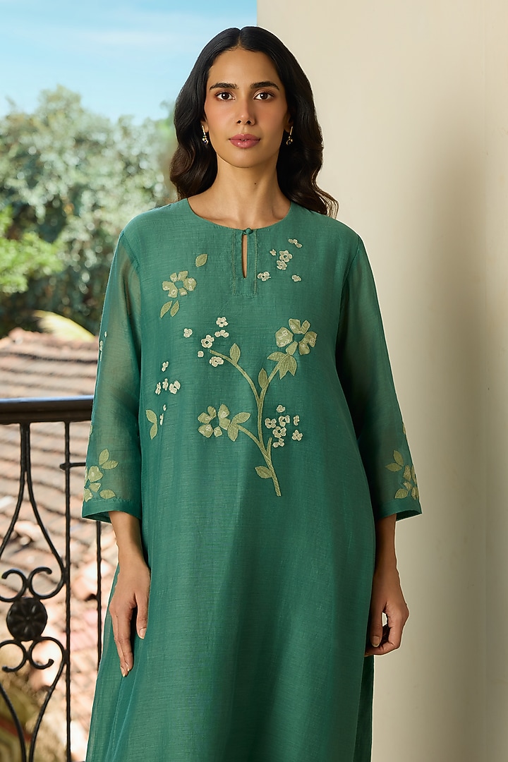 Jade Green Muslin Cotton Applique Embroidered Co-Ord Set by Vaayu at Pernia's Pop Up Shop