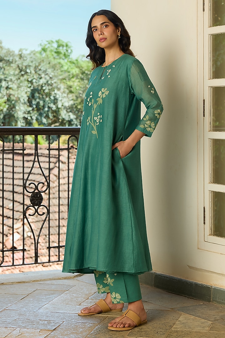 Jade Green Muslin Cotton Applique Embroidered Co-Ord Set by Vaayu at Pernia's Pop Up Shop