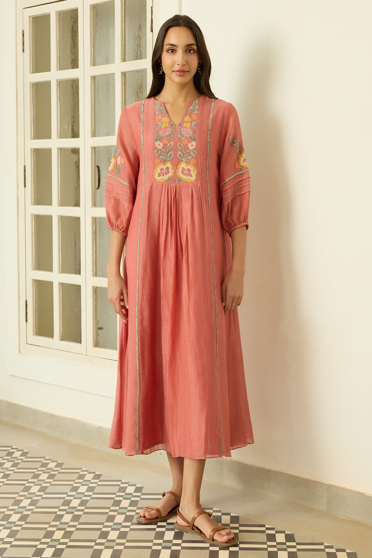Vaayu Blush Muslin Cotton Floral Applique Embroidered Dress