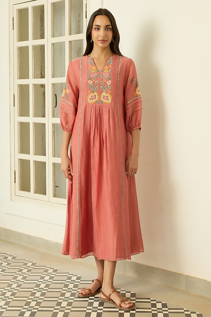 Blush Muslin Cotton Floral Applique Embroidered Summer Dress by Vaayu at Pernia's Pop Up Shop