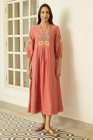 Blush Muslin Cotton Floral Applique Embroidered Dress by Vaayu