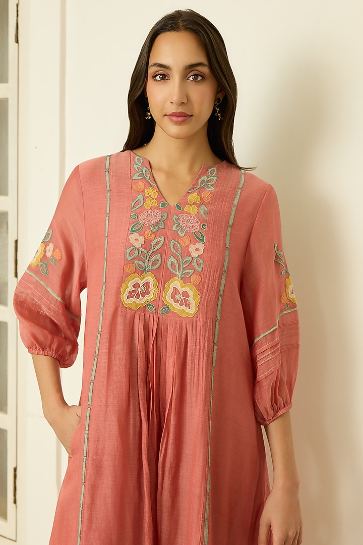 Blush Muslin Cotton Floral Applique Embroidered Summer Dress by Vaayu at Pernia's Pop Up Shop